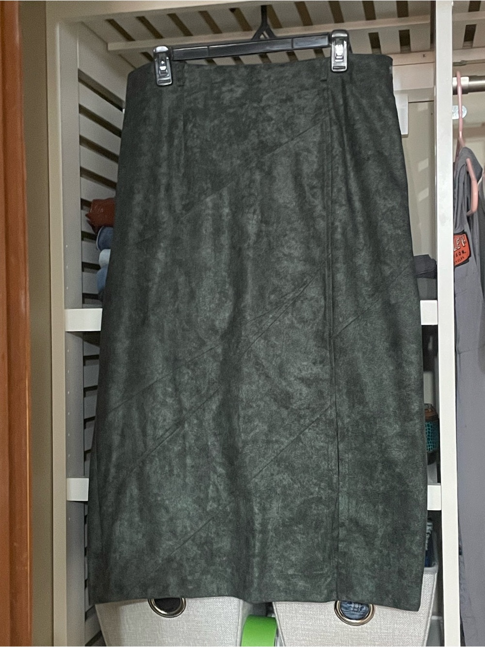 Vintage Dark Green Faux Suede Skirt — Sleek Diagonal Panel Detail